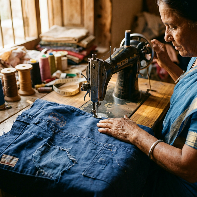 Women artisan stitching upcycled products
