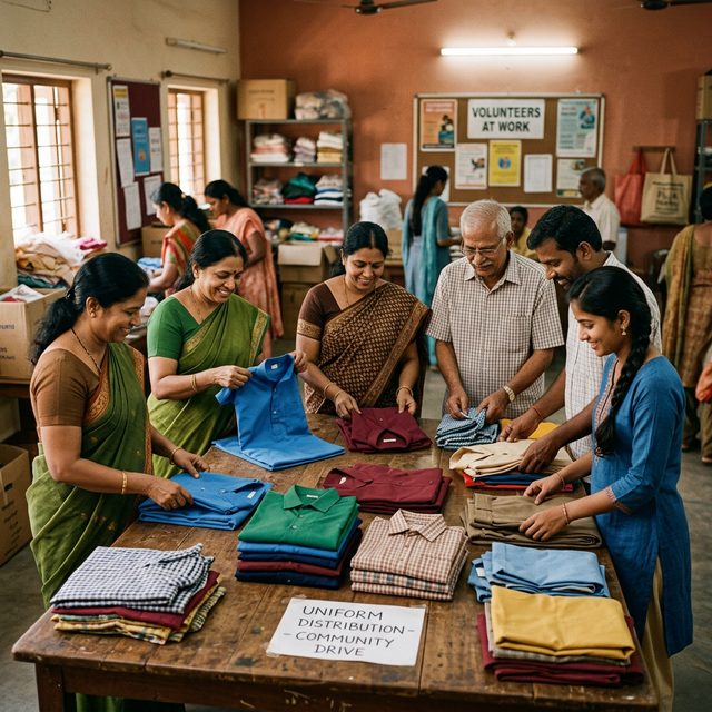 Community volunteers sorting uniforms